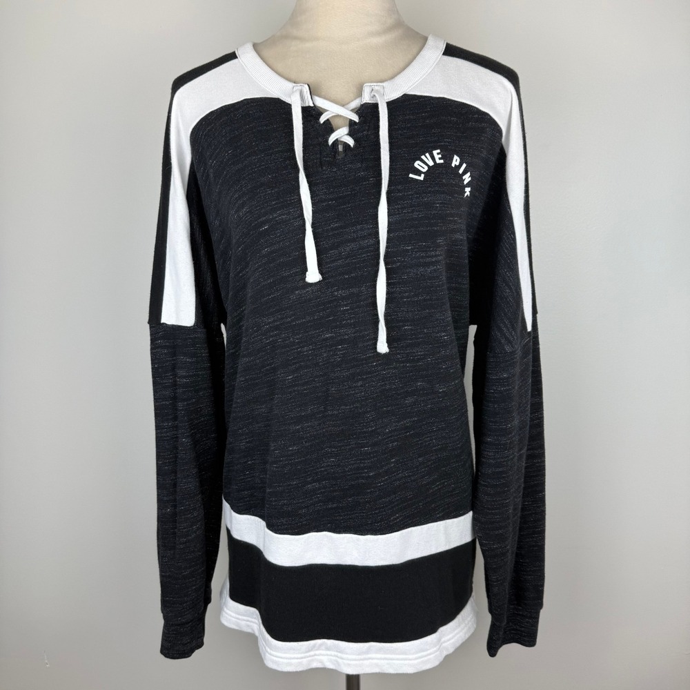 Victoria's Secret PINK Lace Up Pullover Varsity Crew Black White Graphic Large